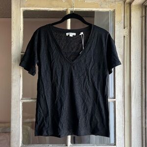 Vince Black Relaxed Short Sleeve Linen V-Neck T-Shirt